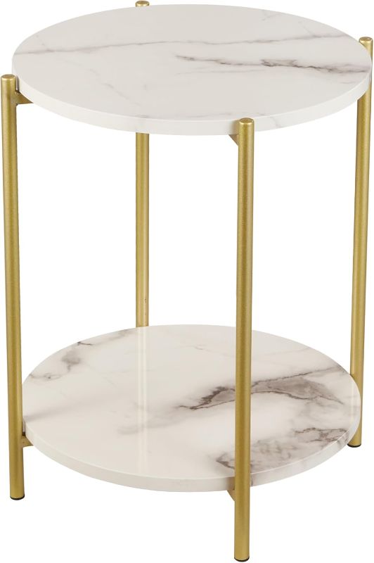 Photo 1 of 2 Tier Round Side Table, Marble End Tables Coffee Table Simplistic Sofa Table Waterproof Removable Tray Table Indoor Outdoor Accent Table for Living Room Bedroom (Faux Marble White)
