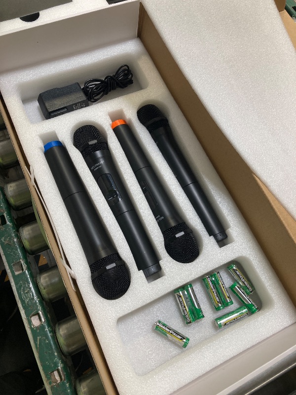 Photo 1 of UHF Wireless Microphone System, Quad-Channel Wireless Mic Set w/ 4 Handheld Mics, 260 ft, 4X 25 Frequencies, Dynamic Microphones for Singing, Home Karaoke, DJ, Church, Wedding (MWM-40F)
