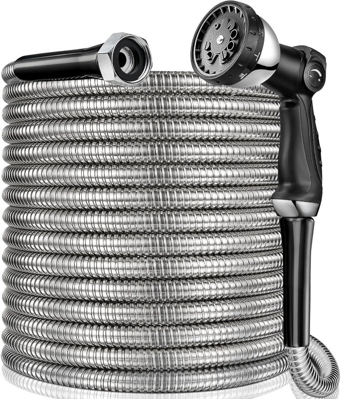 Photo 1 of 200 ft Garden Hsoe - 2025 Upgraded 304 Stainless Steel Garden Hose with 10-Function Spray Gun, 3/4'' Copper-Chrome Fittings – Lightweight, Durable, and Kink-Free, Metal Water Hoses for Gardening

