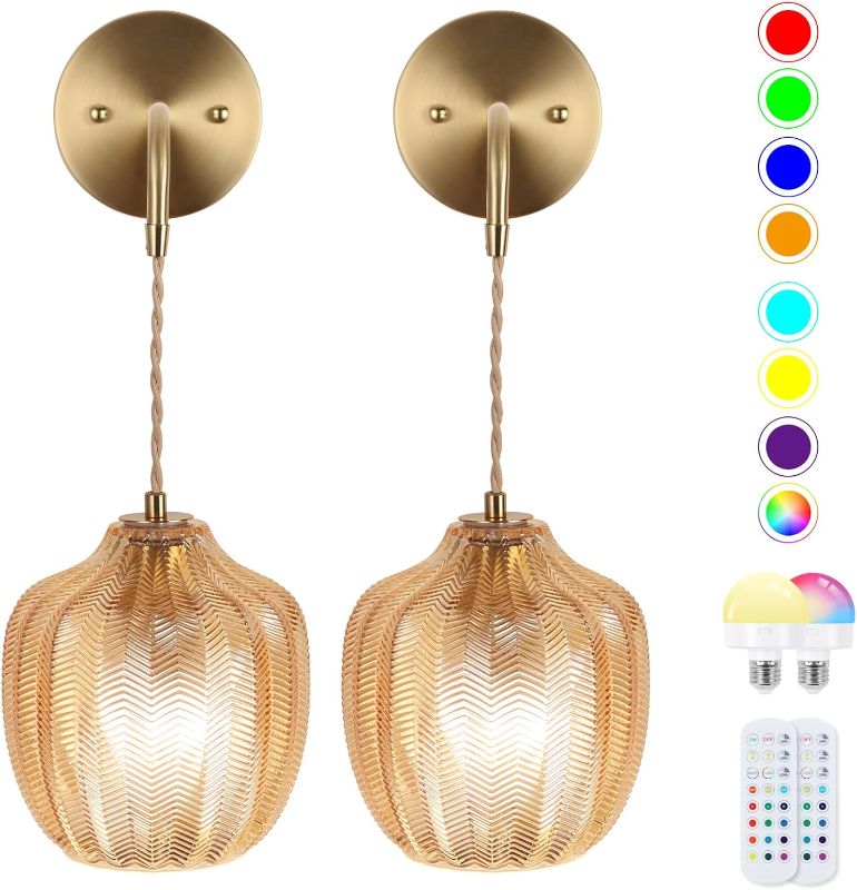 Photo 1 of Battery Operated Wall Sconce, Wireless Wall Sconces RGB Color Changing Dimmable, Wall Sconces Set of two with Remote, Modern Wall Lamp Easy to Install for Bedroom Living Room etc (Wave Amber)
