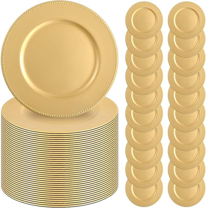 Photo 1 of 50 Pcs Gold Charger Plates 13" Round Charger Plates Bulk Beaded Chargers for Dinner Plates Decorative Gold Charger Plastic Charger Plates for Wedding Party Event Baby Bridal Shower Table Decoration
