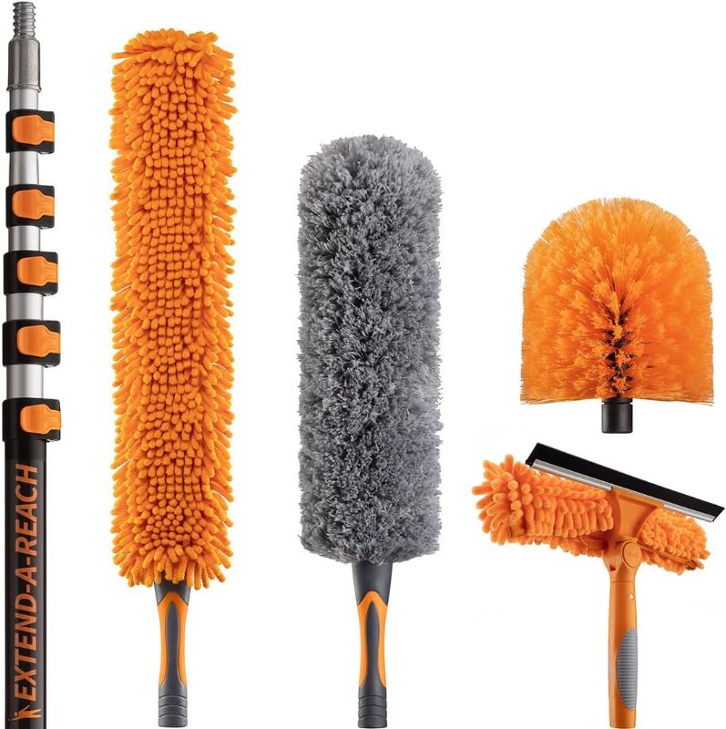 Photo 1 of 30 Foot High Reach Duster Kit with 5-24 ft Extension Pole // High Ceiling Dusting and Window Cleaning Kit with Telescopic Pole // Window Washer & Squeegee, Cobweb Duster, Fan Blade and Feather Duster
