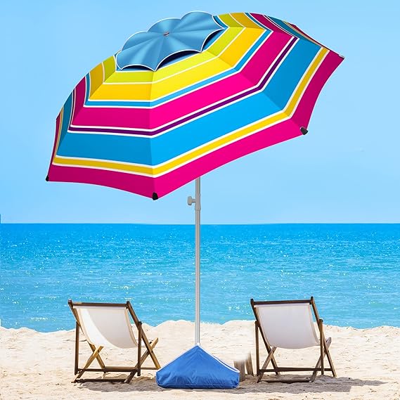 Photo 1 of 8FT Large Beach Umbrella with Level 7 Wind Resistance, Sand Anchor, Portable Outdoor Umbrella with UPF50+ UV Protection, Tilt Sun Shelter for Beach, Patio, Yard
