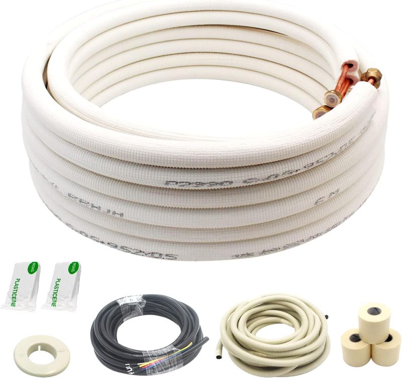 Photo 1 of 25 Ft Mini Split Line Set.Air Conditioner Copper Tubing Pipes Extension Set, 1/4" & 1/2" 3/8" PE Thickened for AC and Heating Equipment Insulated Coil Line Set HVAC Refrigerant with Nuts. (1/4+1/2)
