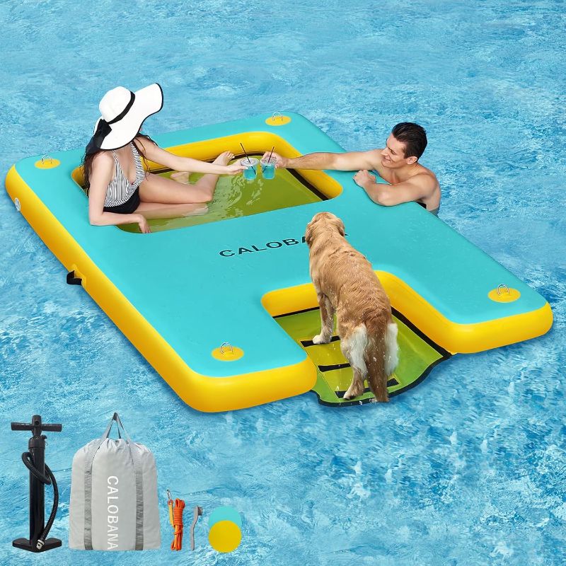 Photo 1 of Inflatable Floating Dock with Mesh, Lake Floats with Boat Ramp Tanning Pool Lounger Water Hammock for Family Party Pool Sea River Dock Boat
