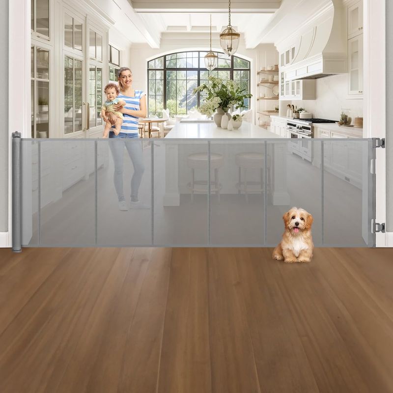 Photo 1 of 200" Extra Wide Retractable Baby Gates, Upgraded Baby Gate with Reinforced Bars to Prevent Crawling Through, 42" Tall Dog Gate for Indoor/Outdoor, Doorways, Hallways, Stairs, Gray