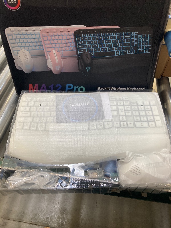 Photo 1 of SABLUTE Ergonomic Wireless Keyboard and Mouse Combo - Wave Keyboard with Soft Leather Wrist Rest, Resistant Keys, RGB Backlit Rechargeable Set for PC/Mac/Chromebook (White)