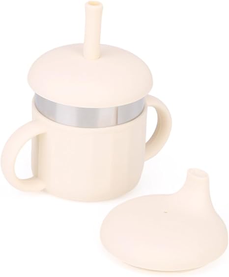 Photo 1 of Baby Sippy Cup, Silicone Training Stainless Steel Kid Cups, Break Resistant Straw Lid Cup for Infants 6-12 Month Toddlers and 1-3 Year Kids, 7.4 Oz Water Drinking Cup (Beige, 1pc)