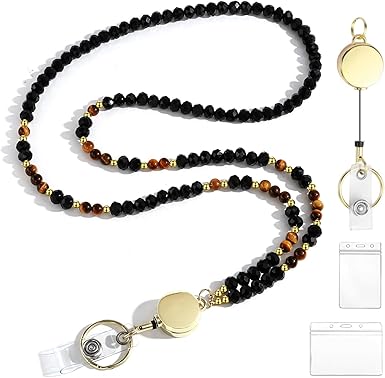 Photo 1 of Lanyards for ID Badges for Women Cute,Teacher Lanyard for Women Retractable Natural Crystal Beaded Lanyards for Keys