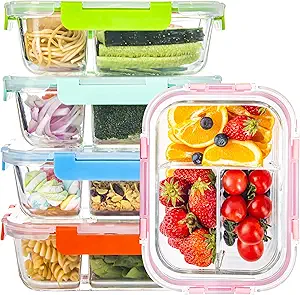 Photo 1 of Glass Food Storage Containers 3 Compartment with Lids (5 Pack, 34oz), Divided Glass Meal Prep Containers for Lunch at Work, Leak-Proof Portion Control Food Containers, Microwave/Dishwasher Safe