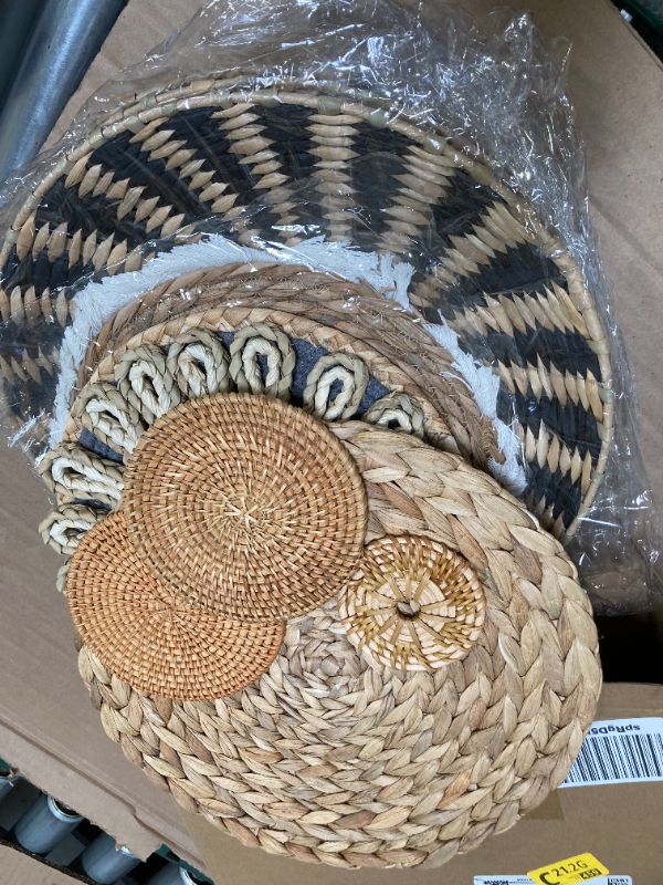 Photo 1 of 11 Pcs Boho Hanging Wall Basket Decor Handmade Woven Basket Wall Decorative Boho Wicker Baskets Placemats Round Farmhouse Bulrush Art for Rustic Home Decorations Christmas Gift(Assorted)