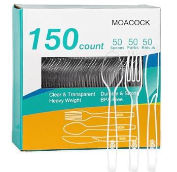 Photo 1 of 150 Pcs Clear Plastic Silverware, Heavy Weight Plastic Forks Spoons Knives Disposable Utensils Cutlery Set for Wedding Party Supplies Everyday Use
