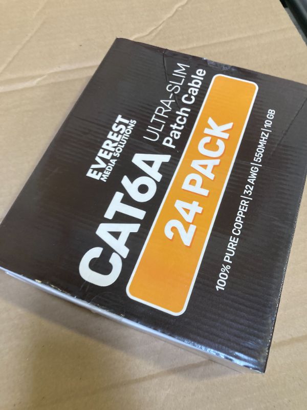 Photo 1 of Everest Ultra Slim Cat6a Ethernet Patch Cables 5ft (24-Pack) Yellow - 10GB Cat 6a Patch Cable - Bendable, Flexible & Thin Ethernet Cable - Space Saving 32AWG 550MHZ Cat6a Cables - 100% Copper Wires