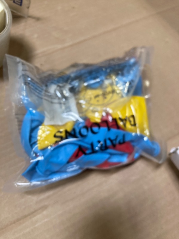 Photo 1 of 35Pcs Red Yellow Blue Toy Balloons 12 Inch Light Blue Cloud Cow Print Balloons for Baby's Birthday Story and Football Party Themed Decorations.