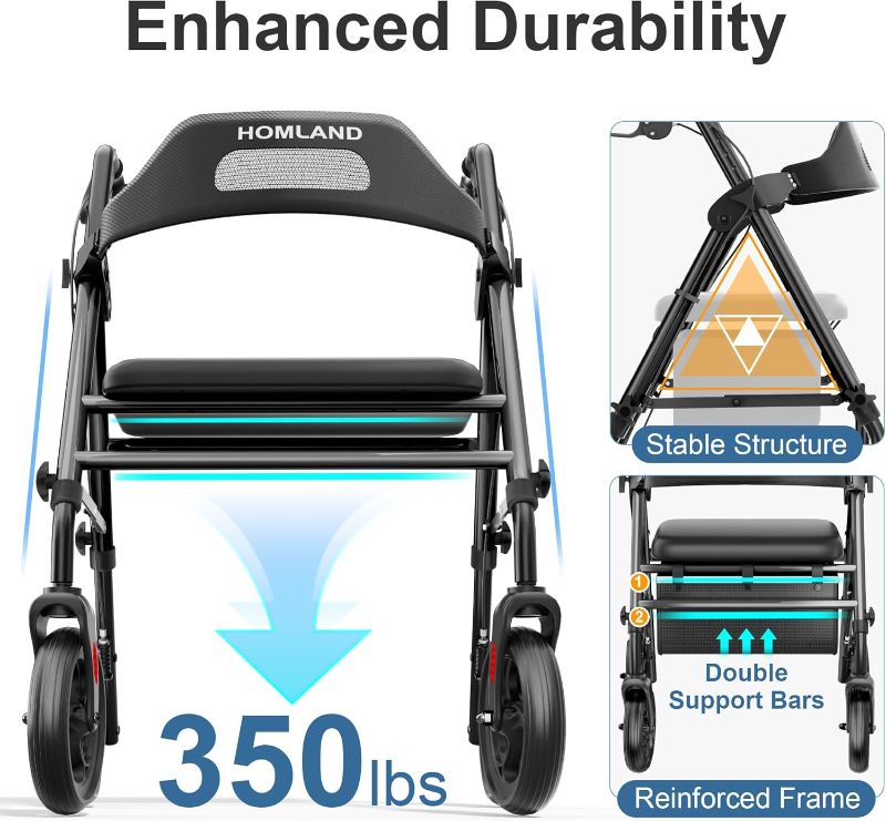 Photo 1 of Foldable Rollator Walkers with Seat for Seniors, 8'' Big Wheels, 350 lb. Weight Capacity, Adjustable Handles and Seat Height, Lightweight Rolling Walker, Black