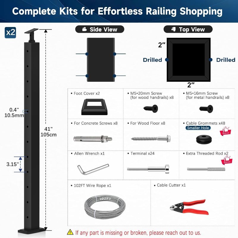 Photo 1 of 2Pack One-Stop Cable Railing Post Kits, 42" Adjustable Top Level Drilled Line Post, Cable Railing System Including 2 Railing Post, 102ft Cable, 12 Sets Terminal, 48 Cable Grommets (No Handrail)