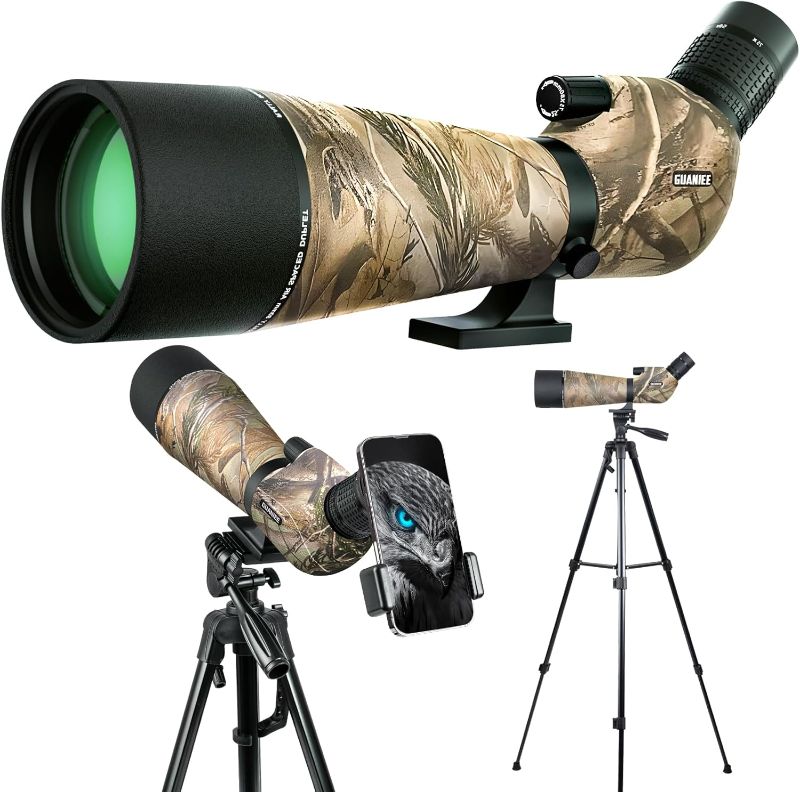 Photo 1 of GUANIEE 25-75x80 Spotting Scope for Target Shooting with Upgraded Tripod Carrying Bag and Phone Adapter Spotter Scope for Bird Watching, Wildlife Viewing Camo
