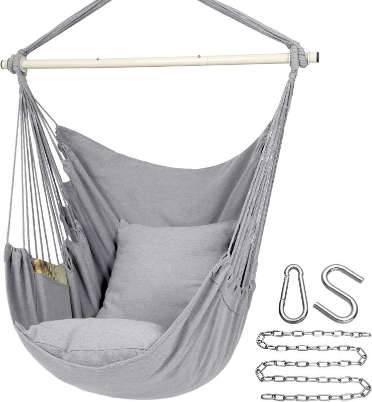 Photo 1 of Y- STOP Hammock Chair Hanging Rope Swing Chair, Max 500 Lbs, 2 Seat Cushions Included, Removable Steel Spreader Bar with Anti-Slip Rings, Hardware kit-for Indoor or Outdoor(Light Grey)
