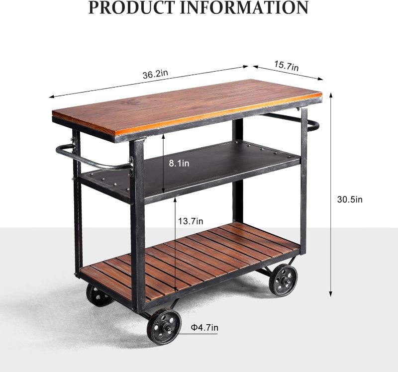 Photo 1 of Diwhy Industrial 3 Tier Rolling Utility Storage Cart Wine Beverage, Metal Wine Rack with Wheels Kitchen Bar Dining Room Tea Wine, Storage Cart with Wood
