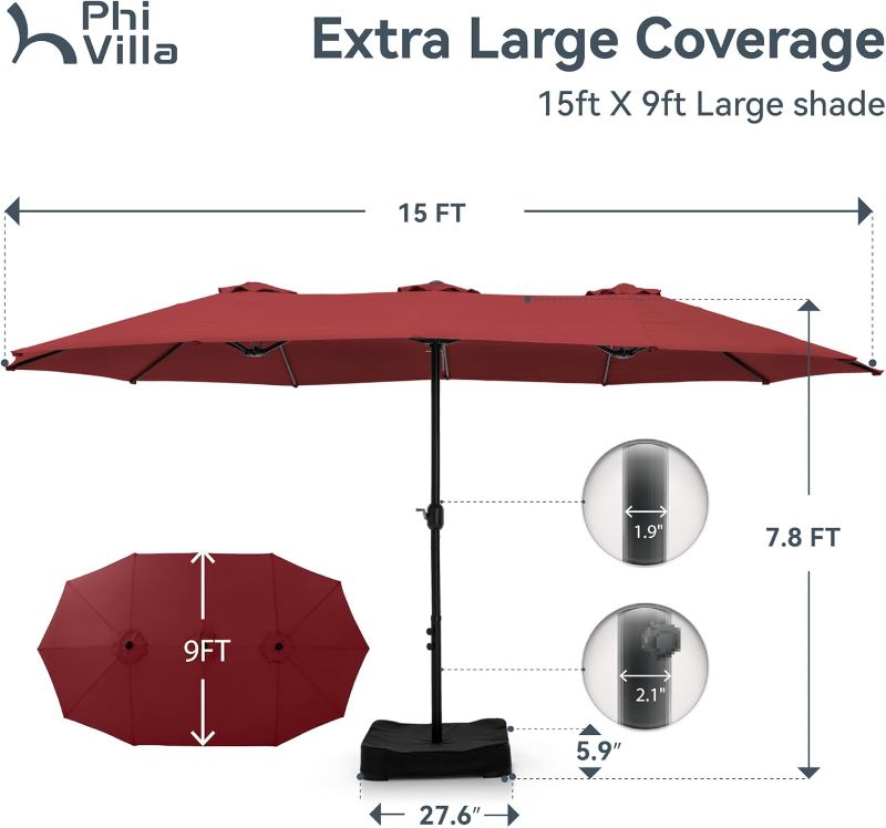 Photo 1 of PHI VILLA 15ft Patio Umbrella Double-Sided Outdoor Market Extra Large Umbrella with Crank, Umbrella Base Included (Dark Red)
