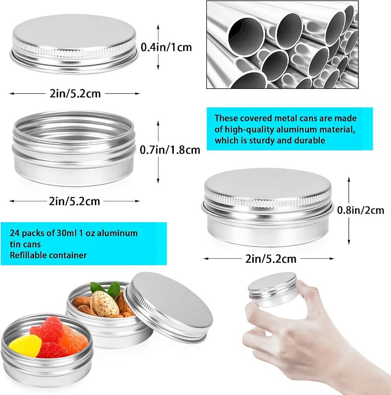 Photo 1 of MotBach 24 Pack 1oz Tin Jars, 30ml Metal Tin cans, 1Ounce Aluminum tin can jar Containers with Screw Lid for Lotion Bars, Spices, Salve, Balms, Beard Balm, Toiletries, Creams, Samples, Makeup Cosmetic
