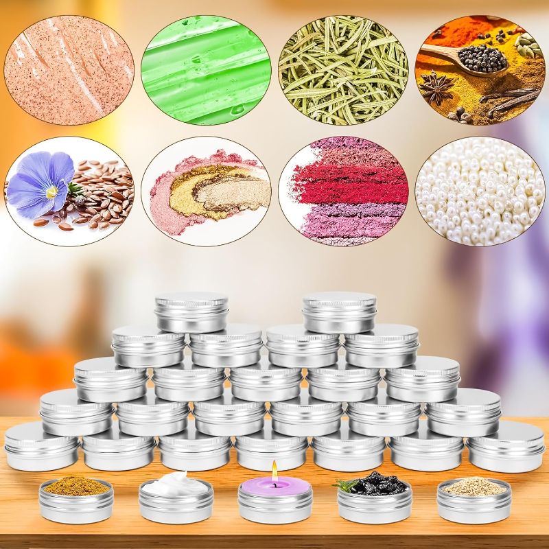 Photo 1 of MotBach 24 Pack 1oz Tin Jars, 30ml Metal Tin cans, 1Ounce Aluminum tin can jar Containers with Screw Lid for Lotion Bars, Spices, Salve, Balms, Beard Balm, Toiletries, Creams, Samples, Makeup Cosmetic
