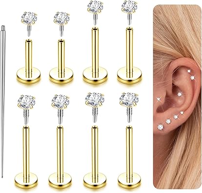 Photo 1 of 14K Gold Plated Flat Back Stud Earrings - 316L Surgical Steel Internal Thread CZ Stud Piercing Jewelry for Tragus Helix Cartilage Conch Nose Hypoallergenic Lip Monroe Labret Medusa Piercing 16G 18G
