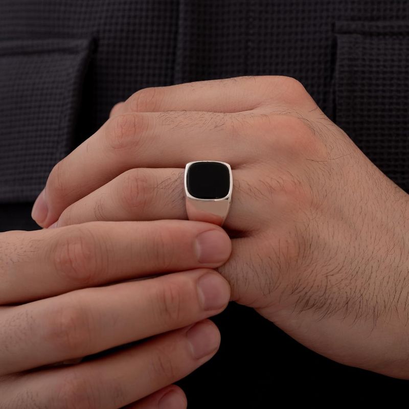 Photo 1 of 925 Sterling Silver Signet Men's Ring with Onyx Stone, Black Stone Ring, Solid Silver Ring for Men, Mens Black Onyx Ring, Pinky Thumb Ring Band, Anillos De Hombre (7.5)
