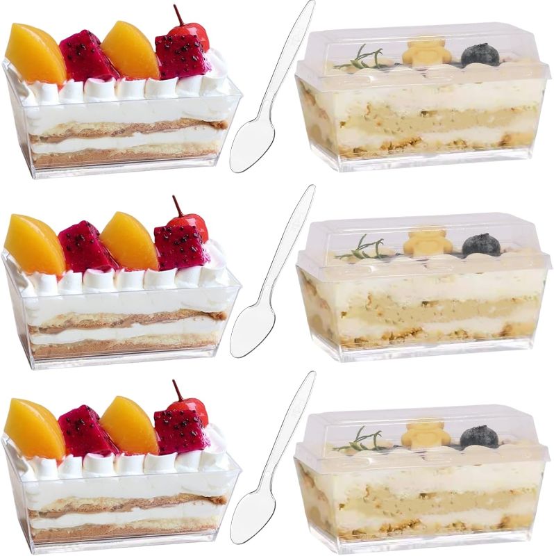 Photo 1 of 4.8oz/140ml Clear Dessert Cups with Lids and Spoons,50Pcs Reusable Plastic Rectangle Dessert Cups,Mini Serving Bowl for Desserts Mousses,Puddings,Party
