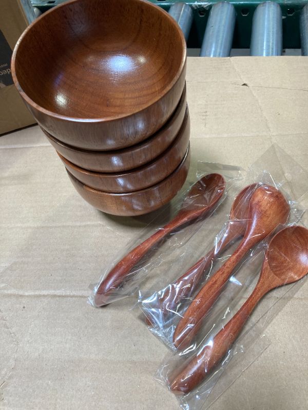 Photo 1 of Wood Serving Bowl Set of 4 with 4 Spoons for Salad Soup Fruit, Brown  