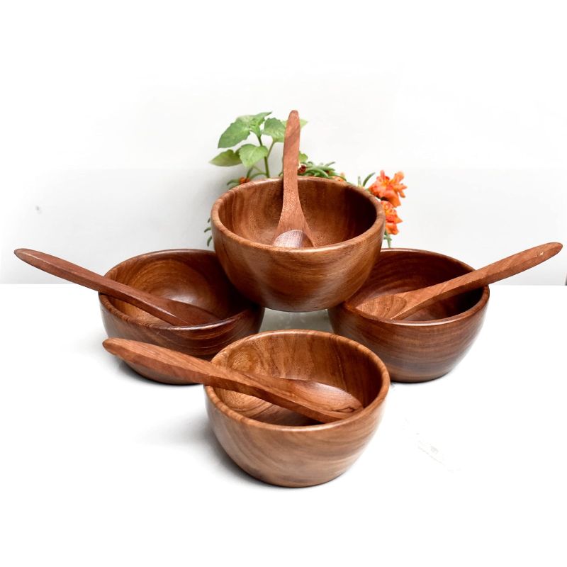 Photo 1 of Wood Serving Bowl Set of 4 with 4 Spoons for Salad Soup Fruit, Brown