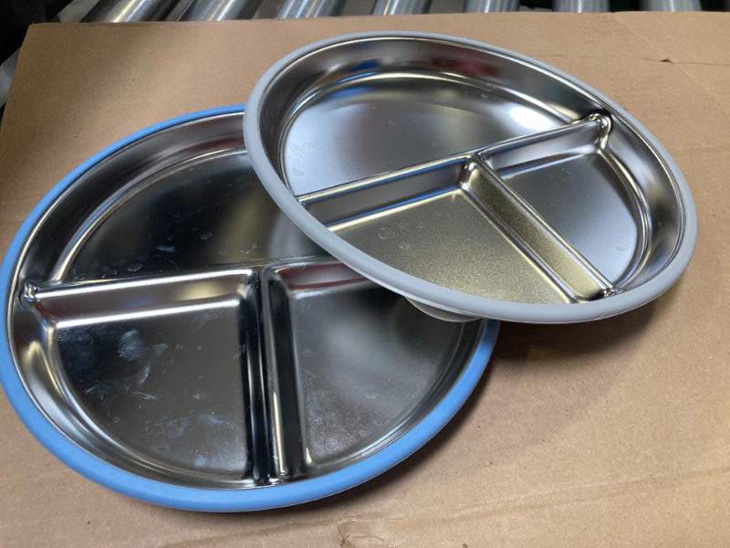Photo 1 of  2 Pack Stainless Steel Toddler Plates with Suction -Divided Baby Plates with Non-Slip Silicone Sleeves, BPA Free Metal Plates for Kids Self Feeding Dishwasher Safe
