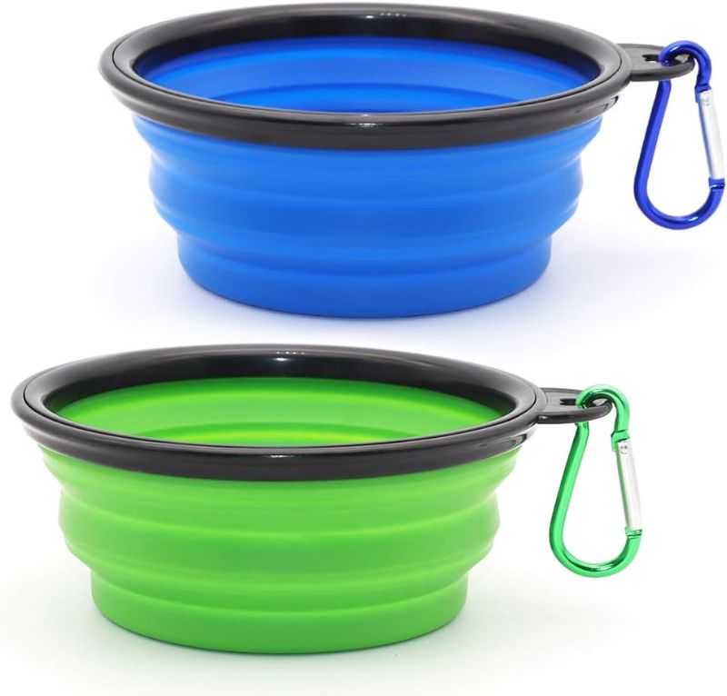 Photo 1 of Dog Bowl Pet Collapsible Bowls, 2 Pack for Cats Dogs, Portable Pet Feeding Watering Dish for Walking Parking Traveling with 2 Carabiners (Small, Blue+Green)
