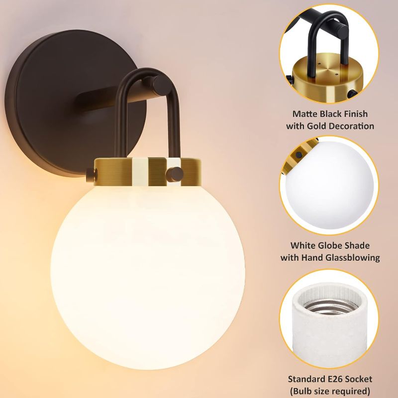Photo 1 of Modern Black & Gold Globe Wall Sconce, 1 Pack, Indoor, Bedroom, Living Room, Bathroom, Hallway, E26 Socket, 60W, LED, Eye-Caring Shade, Up & Down Light, Easy Install, MB28001
