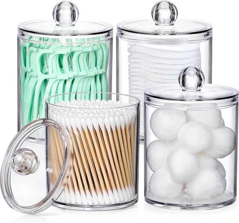 Photo 1 of 4 Pack Acrylic Qtip Holder Dispenser for Cotton Swabs, Balls, Pads, Floss Picks- Small Clear Plastic Canister Apothecary Jar Set, Bathroom Essentials Accessories Decor, Vanity Makeup Storage Organizer
