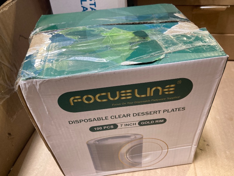 Photo 1 of FOCUSLINE 7 Inch Small Clear Gold Plastic Plates 100 Count, Disposable Heavy Duty Clear Plates with Gold Rim, Premium Hard Plastic Plate Fancy Disposable Salad Plate for Wedding Parties
