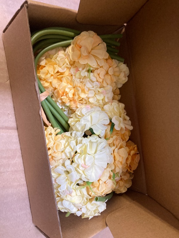 Photo 1 of 18 pcs Yellow Hydrangea Flowers 2 Bouquets Hydrangea Artificial Flowers 11.8 in Realistic Silk Flowers for Home Party Decorations Floral Arrangement (Yellow)