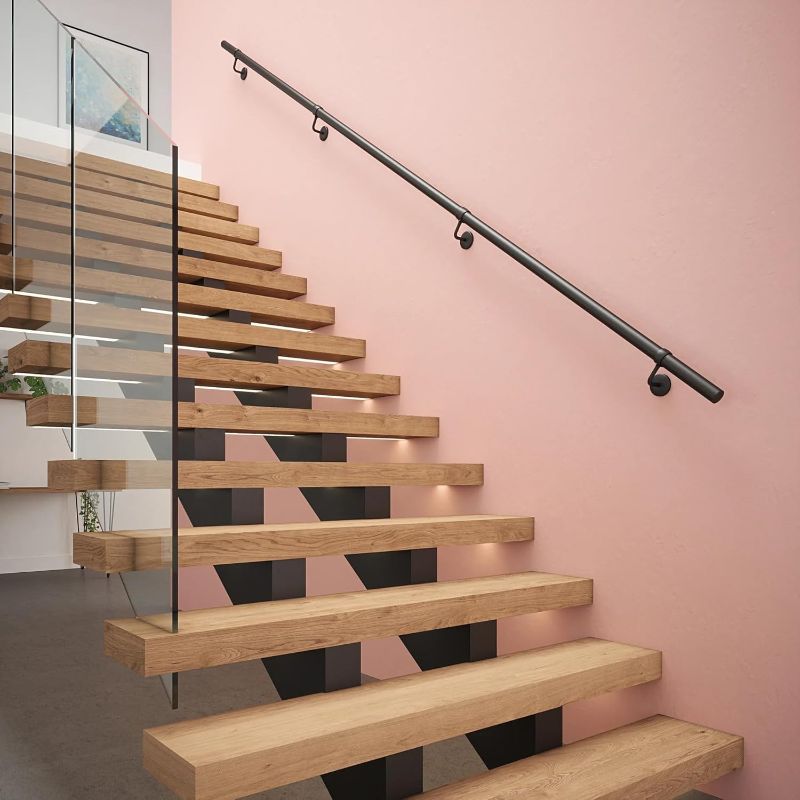 Photo 1 of Rothley Industrial Stair Railing Indoor: 11.8Ft Metal Handrail for Indoor Stairs Matte Black Stair Rail Attach to Wall Staircase 1.6" Round Pipe Hand Railings for Elderly & Kids
