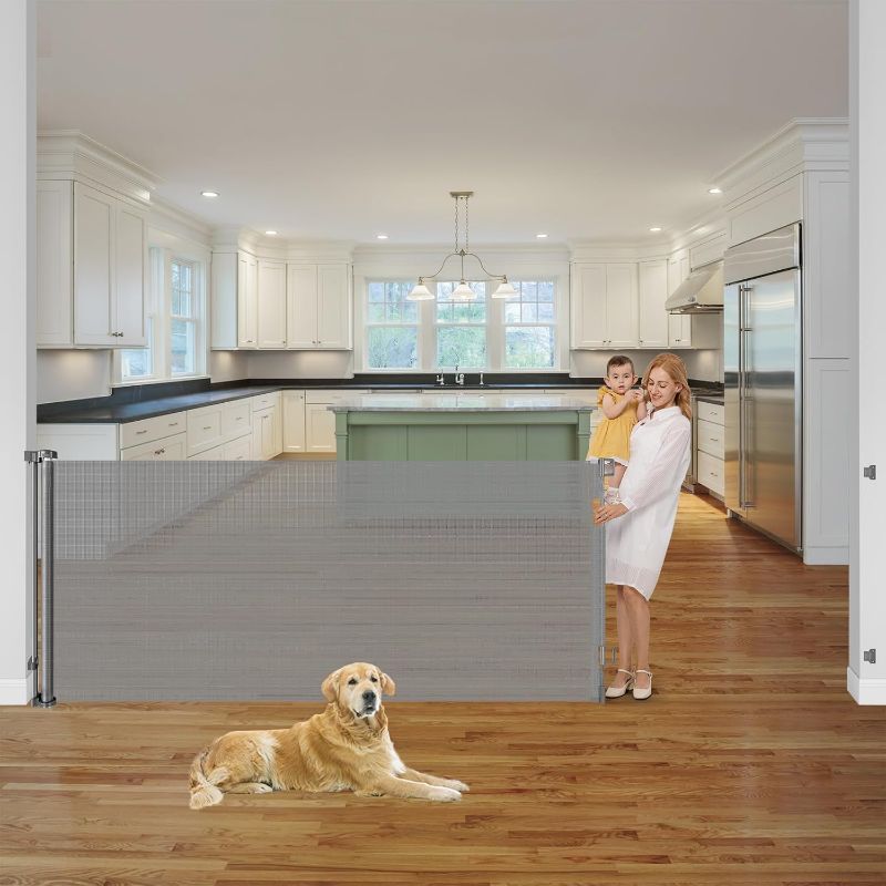 Photo 1 of 42 Inch Extra Tall Retractable Baby Gates 56" Wide Pet Gate Tall Retractable Dog Gate Indoor Outdoor Adjustable Pet Gate Dog Gates for The House Mesh Baby Gate for Doorway, Hallway 