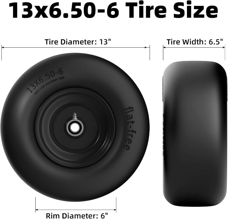 Photo 1 of 13x6.50-6 Lawn Mower Tires Flat Free, Zero Turn Mower Front Tires for Residential and Commercial, 13x6.5-6 Flat Free Tire and Wheel, 3/4" & 5/8" Bearing, 3.25"-7.65" Center Hub, 2Pack Black
