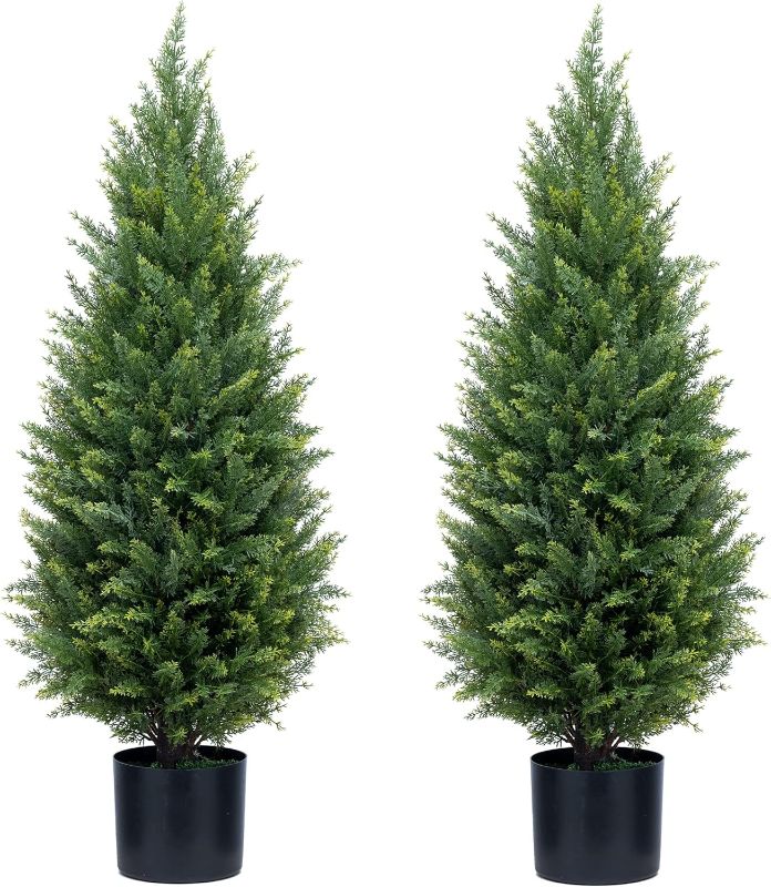 Photo 1 of 3ft Artificial Topiary Trees Artificial Cedar Trees UV Resistant Bushes Potted Set of 2 Faux Shrubs for Outdoor Indoor Front Porch Garden

