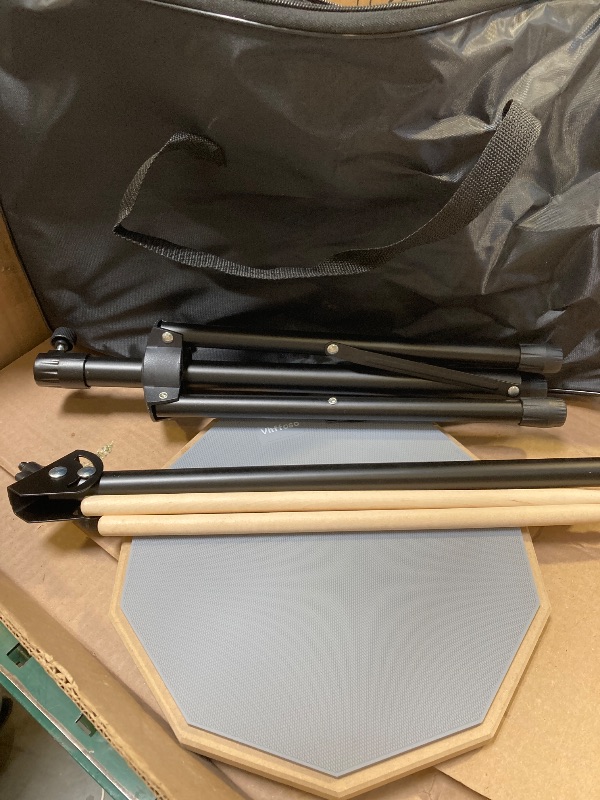 Photo 1 of 12 Inch Practice Drum Pad with Stand, Sticks and Drum Stick Bucket, Beginner Snare Drum Pad with Drumsticks(one pair) and Carrying Bag, Double Sided Silent Drum Pad (Gray)