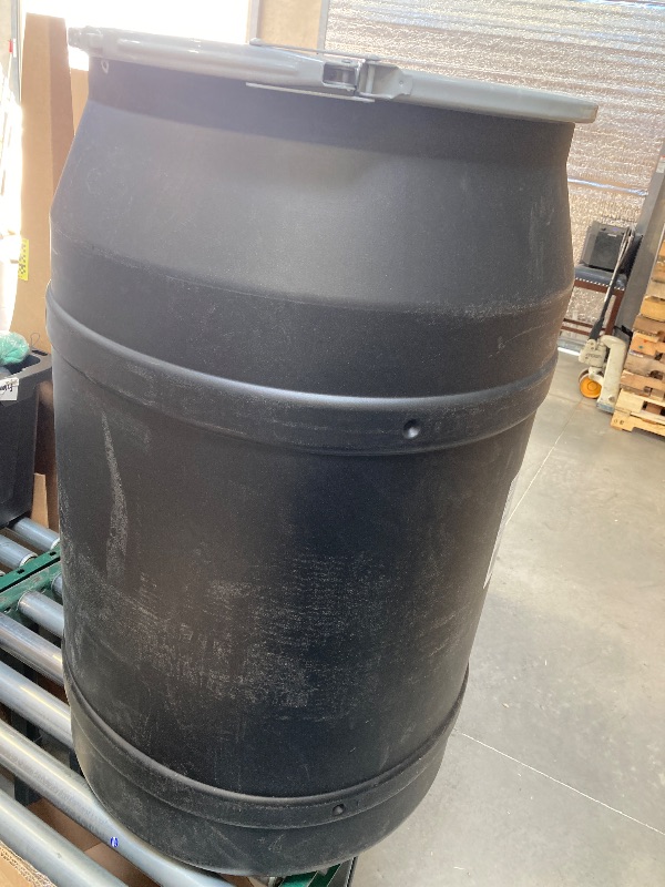 Photo 1 of Eagle 55 Gallon Plastic Drum with Lid, Metal Lever-Lock, 36.4"x22.5", Open Head Lab Pack Drum Made of Durable, Lightweight HDPE, Withstands Weather and Chemicals, Made in USA, Black, 1656MBLK