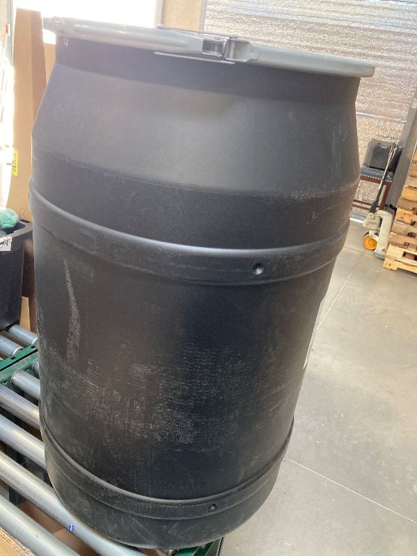 Photo 1 of Eagle 55 Gallon Plastic Drum with Lid, Metal Lever-Lock, 36.4"x22.5", Open Head Lab Pack Drum Made of Durable, Lightweight HDPE, Withstands Weather and Chemicals, Made in USA, Black, 1656MBLK