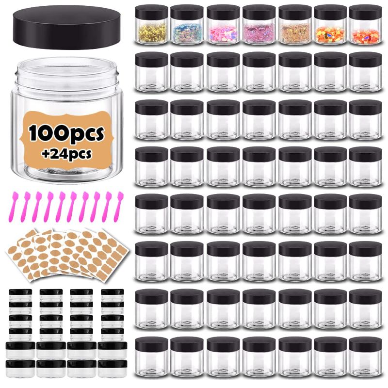 Photo 1 of 2 oz Plastic Containers with Lids 100pcs Plastic Jars with White Lids + 3/5/10 Gram 24pcs Sample Containers Travel Jar– Great for Lip Scrub, Body Butters, Cream, Lotion, Labels & Spatulas 