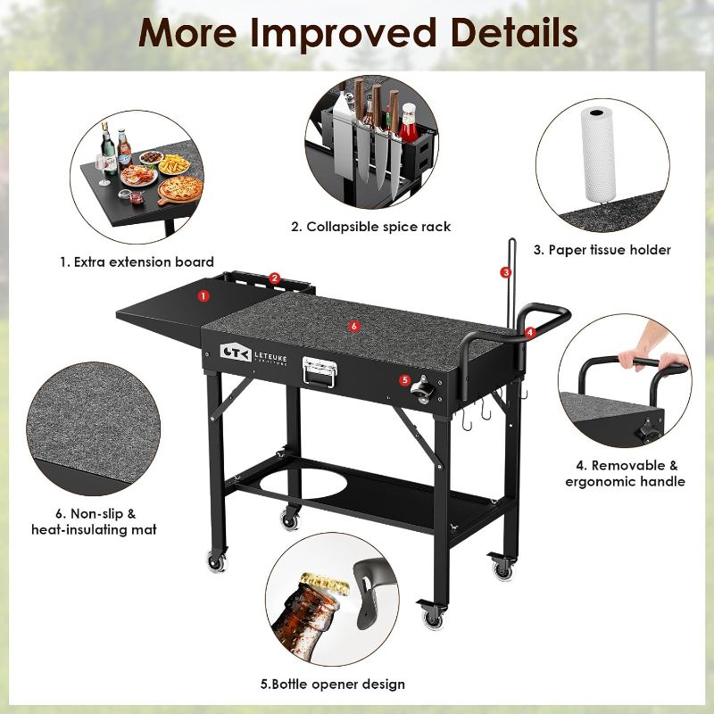 Photo 1 of Leteuke Grill Cart for Blackstone Griddle, Portable Outdoor Grill Table, Foldable Cart Table with Wheels for Ninja, Griddle Stand Fit 17 Inch Or 22 Inch, BBQ Prep Tables with Seasoning Tray
