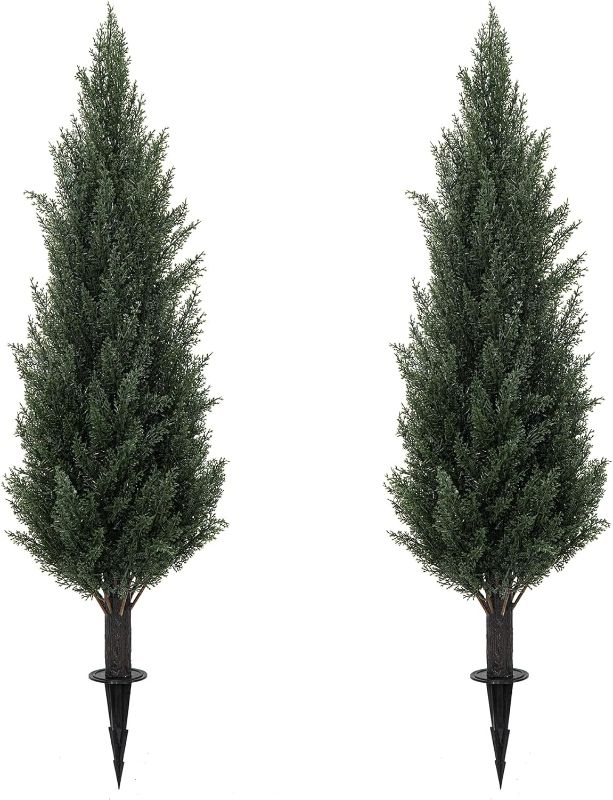 Photo 1 of 3FT Artificial Cedar Topiary Trees with Ground Spike, UV Resistant Faux Cypress Trees, Set of 2 Faux Plants Artificial Bushes for Indoor Outdoor Front Porch Garden
