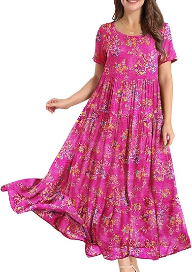 Photo 1 of xxl---YESNO Women Casual Loose Bohemian Floral Dress with Pockets Short Sleeve Long Maxi Summer Beach Swing Dress EJF