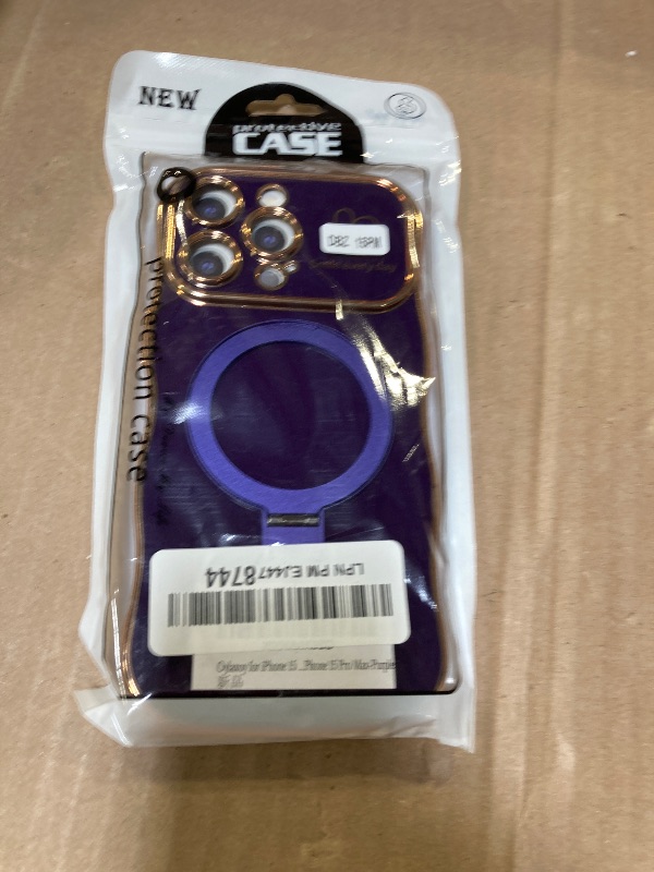 Photo 1 of Oylaxoy for iPhone 15 Pro Max Magnetic Case with Stand, Luxury Electroplating Shockproof Wave Curly Frame and Heart Pattern, Lens Edge Raised Protection for iPhone 15 Pro Max-Purple