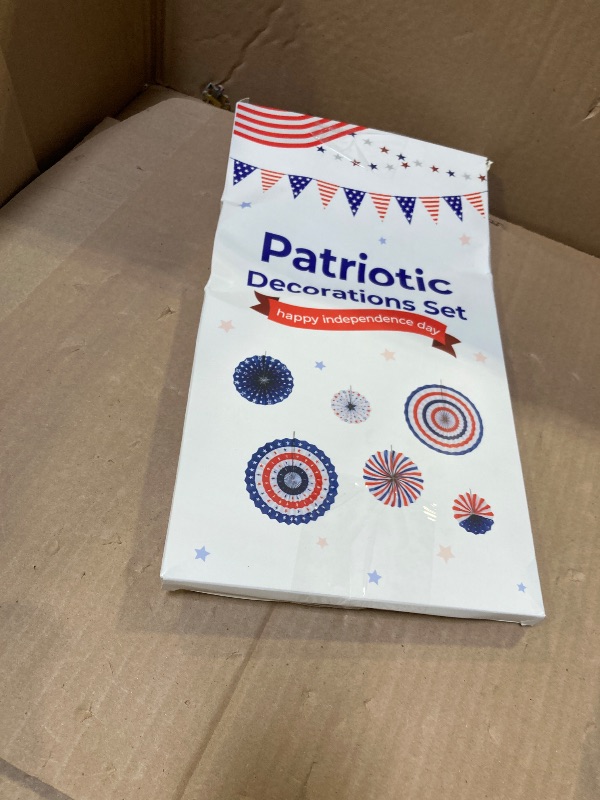 Photo 1 of HOOSUN Patriotic 4th of July Decorations Set, 9 Pcs Red White and Blue Paper Fans, USA Pennant Bunting, Star Streamers, Patriotic Tablecloth for Fourth of July Party Supplies, Memorial Day Decor